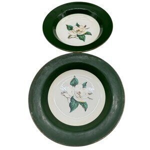 Vintage Walker China Green & White Floral Rimmed Soup Bowls 8" Diameter Set Of 2